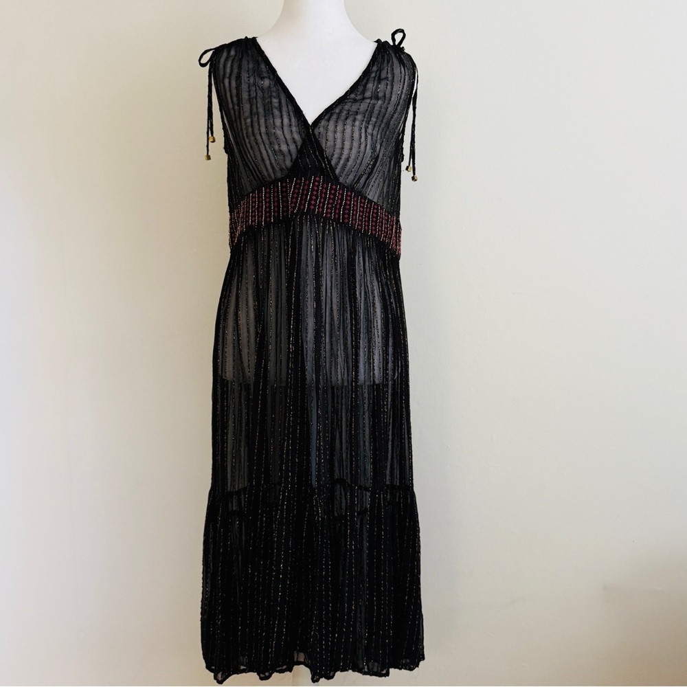 Anthropologie Black & Gold Metallic, Midi Dress by Floriat Size Small - Picture 4 of 16